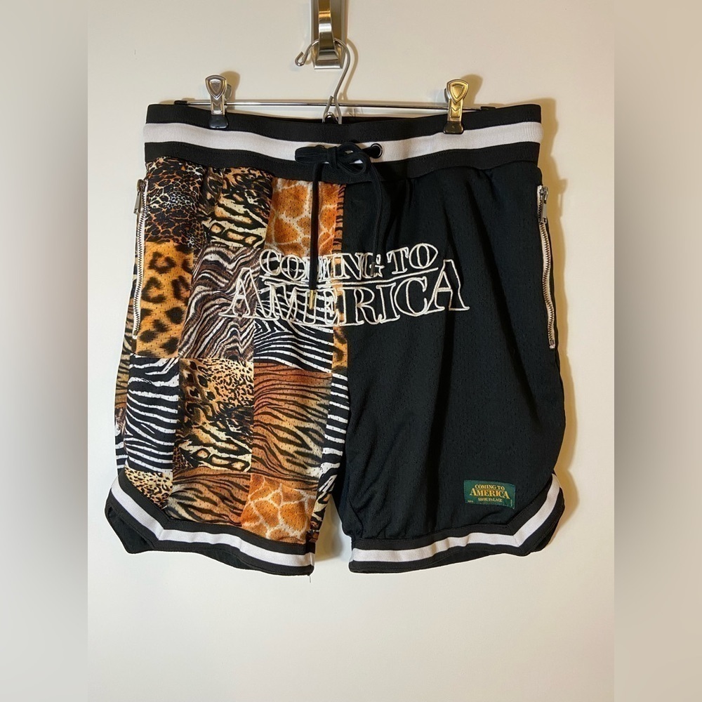 Coming to America Jungle Print Black White Shoe Palace Nylon Shorts Men's Large